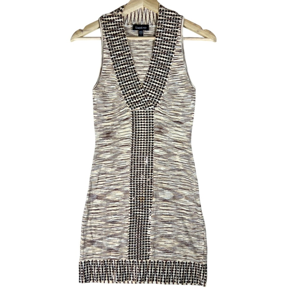 Bebe Womens Space Dye Sequin Knit Bodycon Mini Dress Y2K Glam‎ Brown Tan Size S